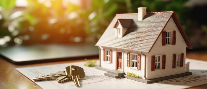 Haus Modell und Haustürschlüssel auf einem Tisch