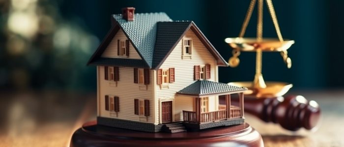 Ein Modellhaus steht auf einem Richterhammer