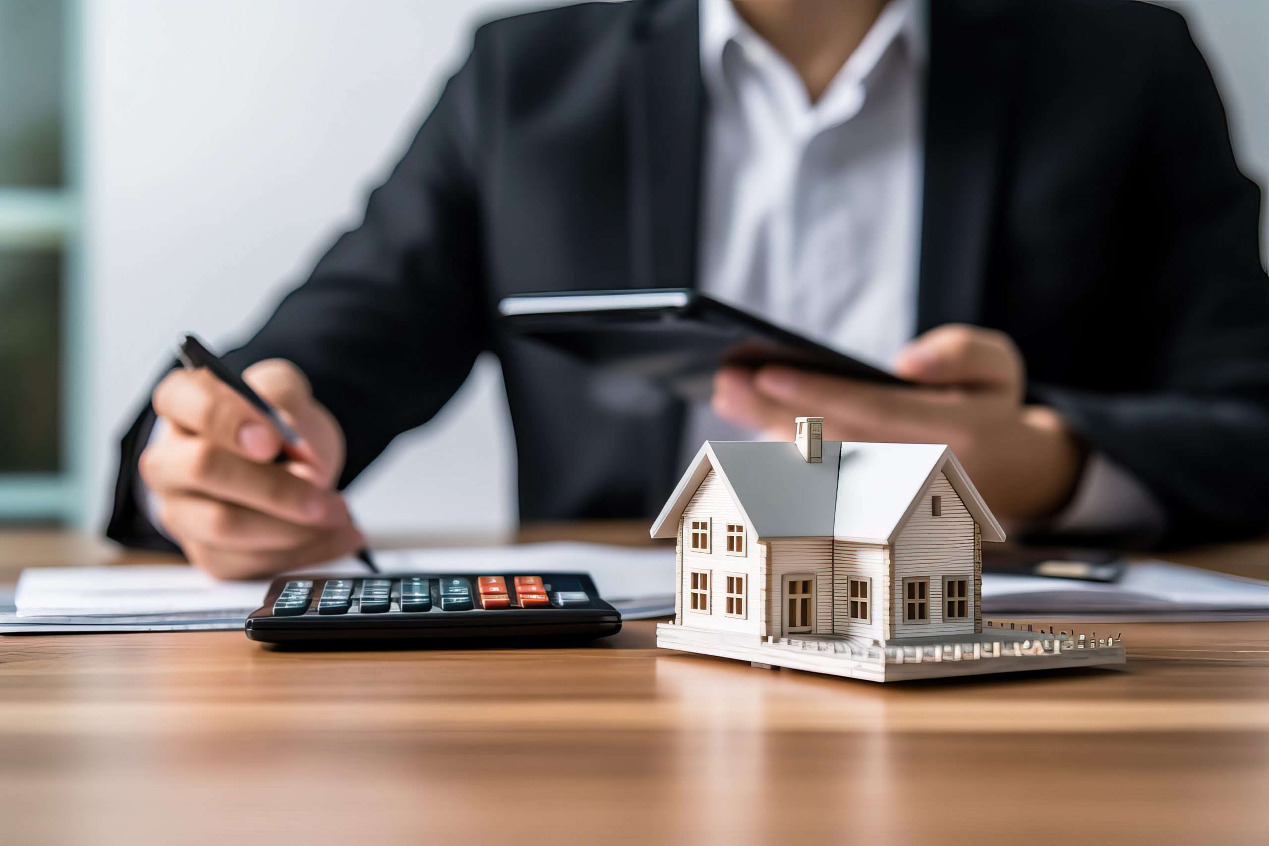 Eine Person kalkuliert Finanzen an einem Tisch mit Modellhaus und Taschenrechner