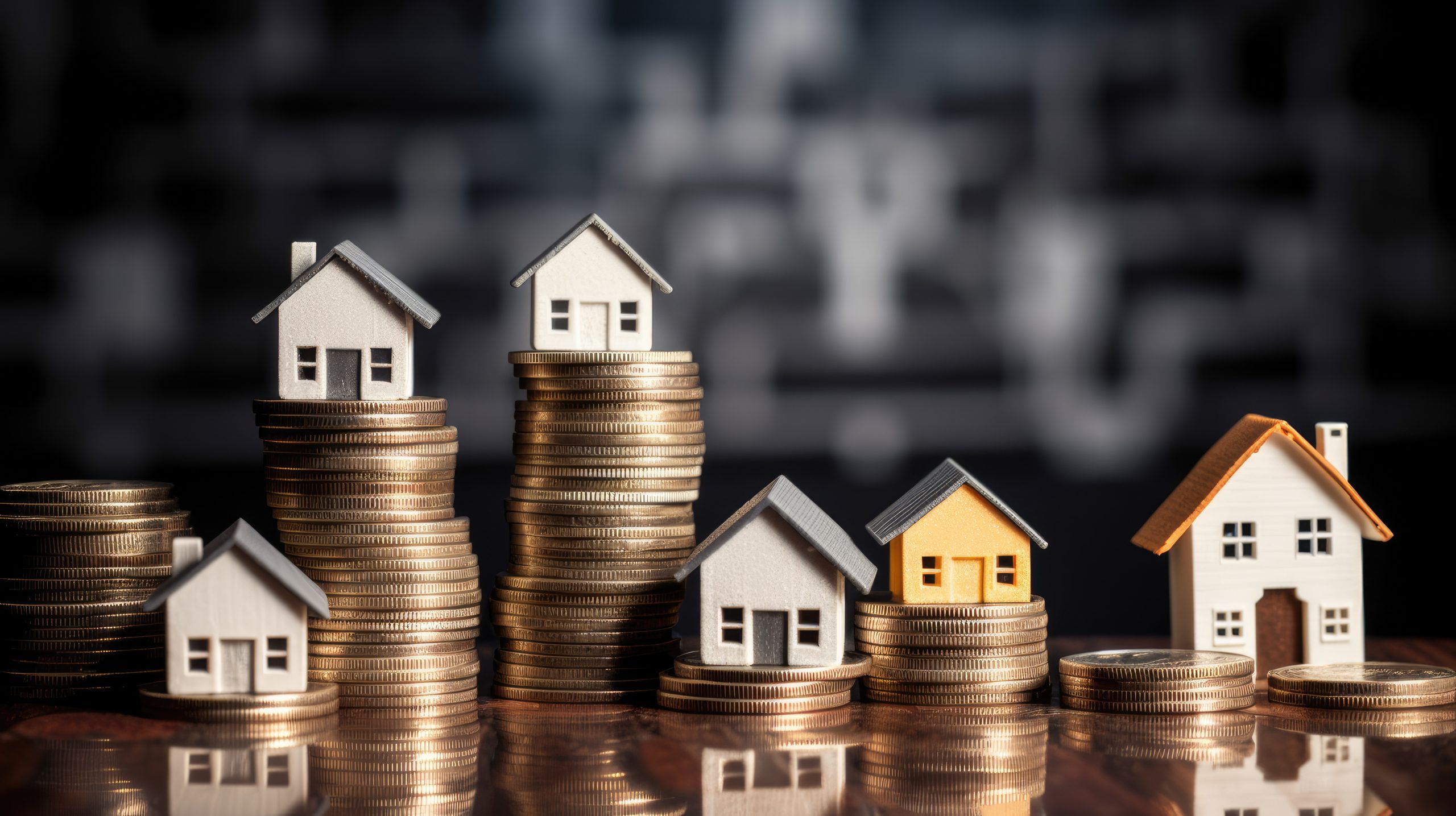 Mehrere Modellhäuser stehen auf Geldmünzen