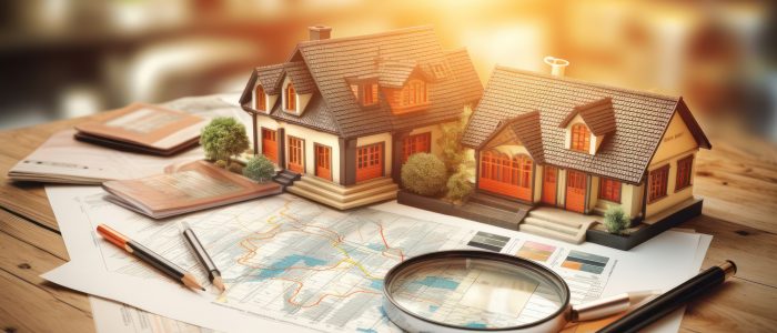 ein Bebauungsplan liegt mit Schreibmaterial, einer Lupe und Modellhäusern auf dem Tisch