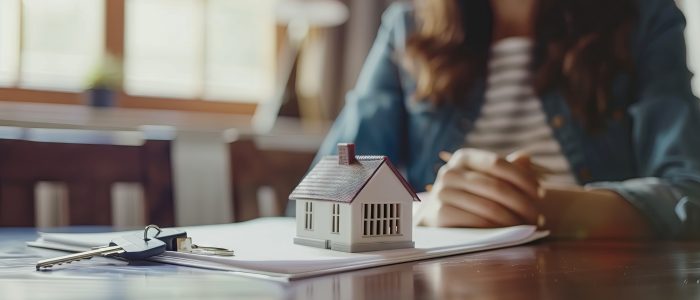 Person unterschreibt einen Kaufvertrag, der mit dem Schlüssel zur Immobilie und einem Modellhaus auf dem Tisch liegt.