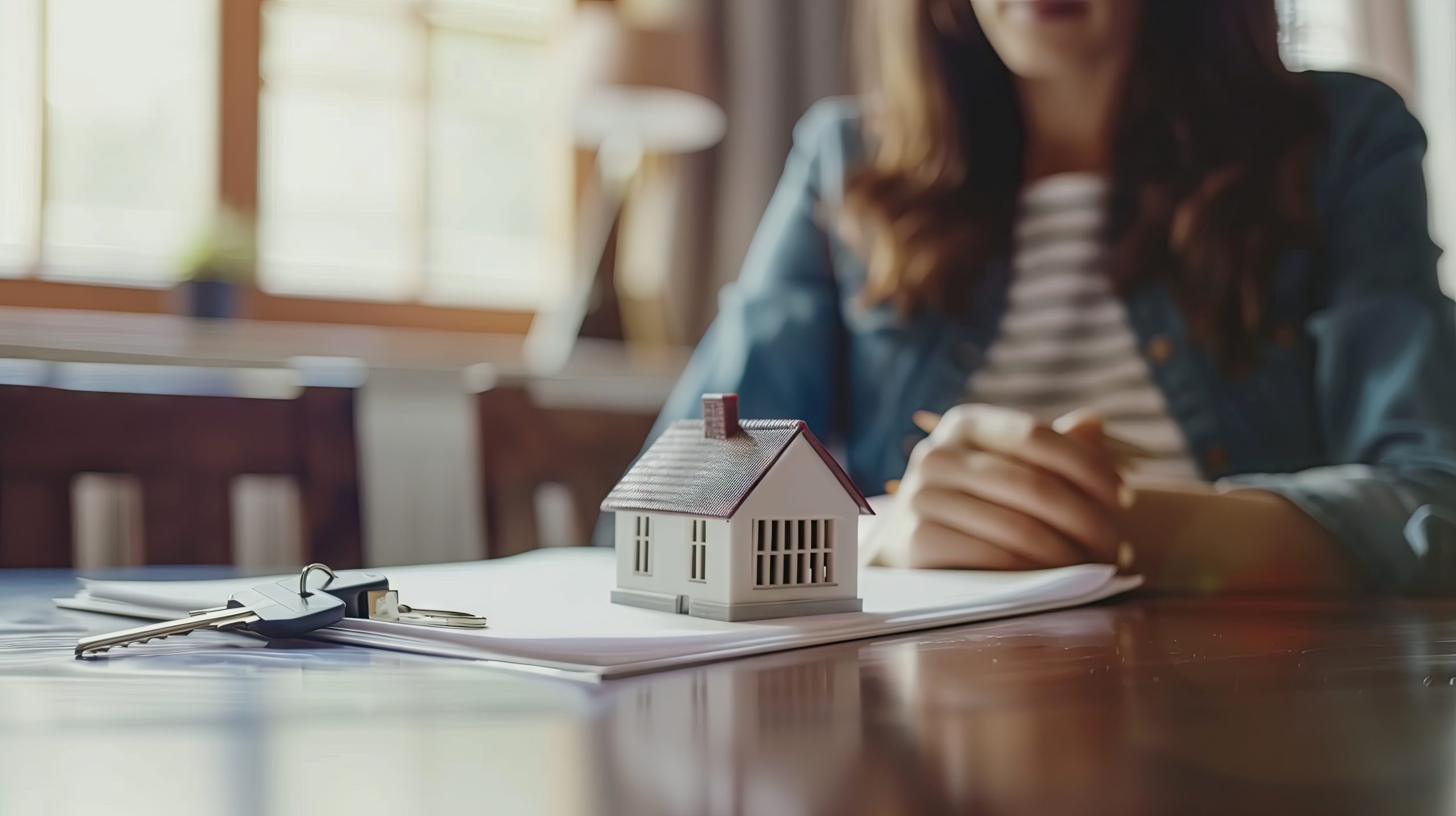 Person unterschreibt einen Kaufvertrag, der mit dem Schlüssel zur Immobilie und einem Modellhaus auf dem Tisch liegt.