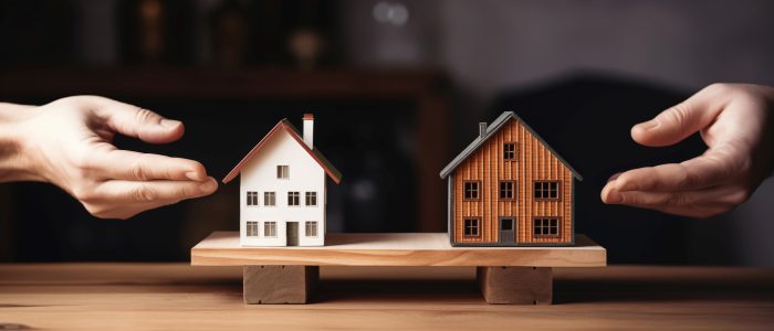 Zwei unterschiedlich große Modellhäuser stehen sich gegenüber und Hände zeigen darauf