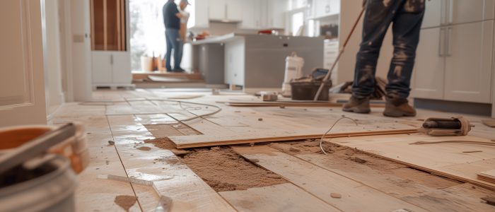 Das Innere eines Hauses wird von Handwerkern modernisiert.