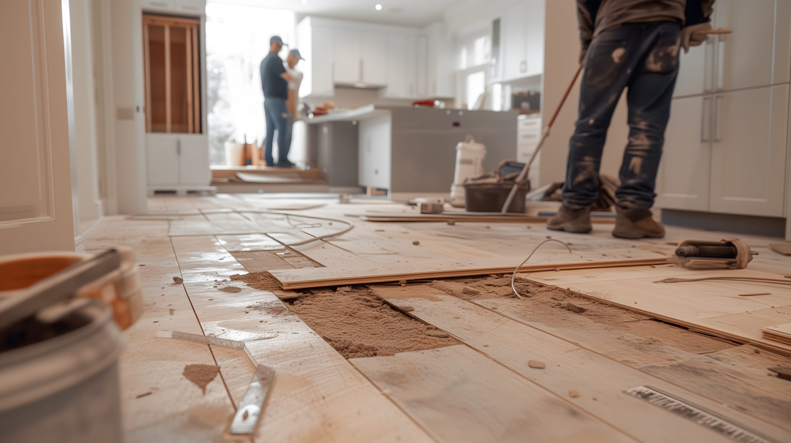 Das Innere eines Hauses wird von Handwerkern modernisiert.