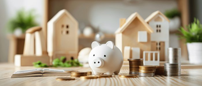 Geldmünzen und ein Sparschwein stehen im Vordergrund mit Modellhäusern aus Holz im Hintergrund