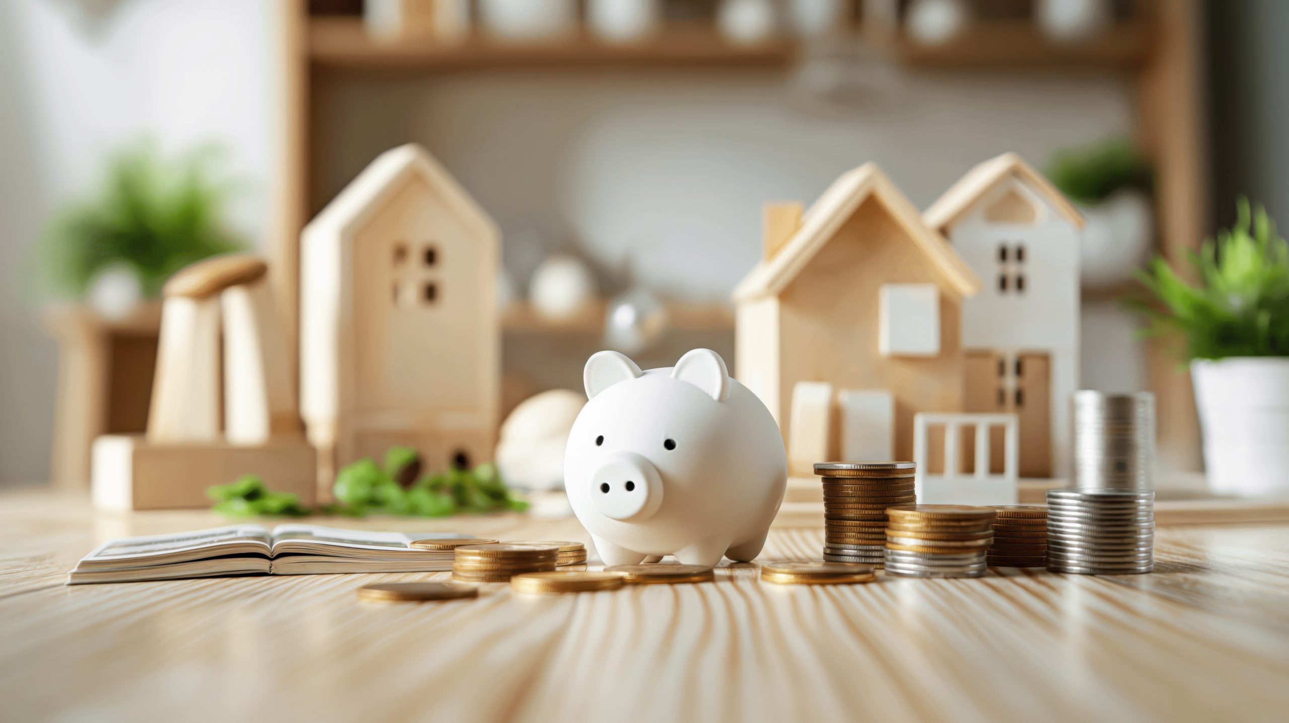 Geldmünzen und ein Sparschwein stehen im Vordergrund mit Modellhäusern aus Holz im Hintergrund