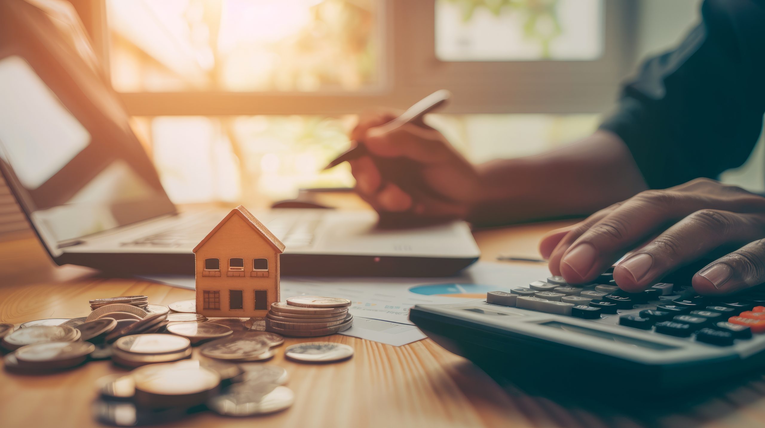 Person am Schreibtisch arbeitet am Laptop und rechnet mit Taschenrechner Kosten aus, Modellhaus und Münzen liegen im Vordergrund