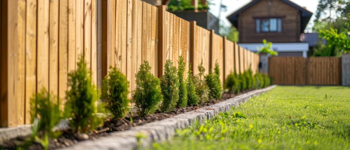 Ein umzäuntes Gartenstück mit einem Haus im Hintergrund